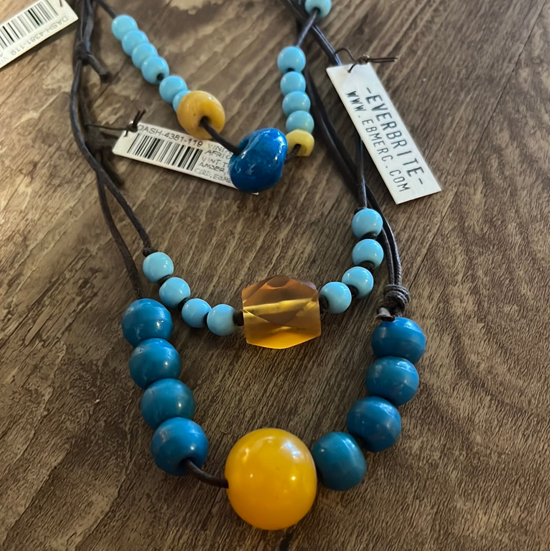 Mollie Dash African Glass Necklace/tree amber, waxed cotton
