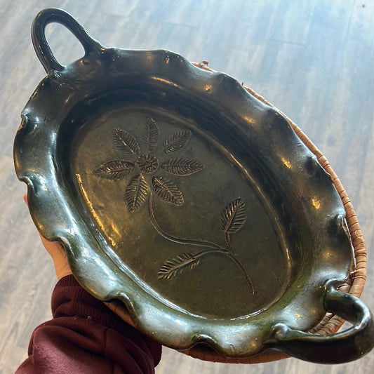 Vintage Handmade clay bread bowl / basket green