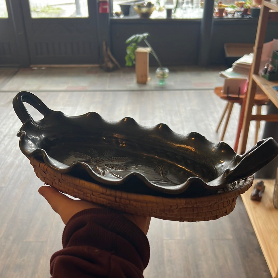 Vintage Handmade clay bread bowl / basket green